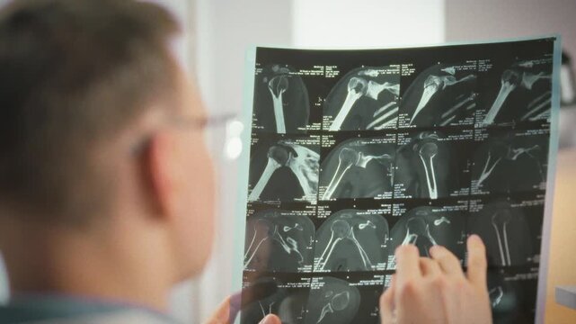 Medical specialist in an office reviews MRI scans using high-resolution imaging and X-ray images, analyzing fracture in detail. The doctor determines the optimal treatment plan, ensuring precise care