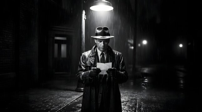 Mysterious man reading letter under streetlight in rainy night