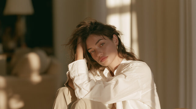 Young woman sitting alone in a softly lit living room with a distant gaze, , young man crying, woman sitting in the dark room, burnout, photo style
