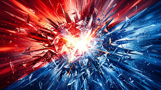 Abstract background featuring a high-energy collision of red and blue crystalline shards exploding from a central white light source