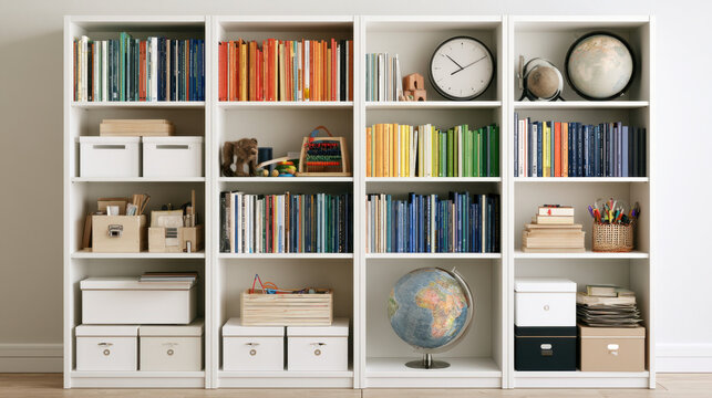 Colorful books arranged on white shelving with globes, clock, storage boxes and educational supplies in an organized learning space