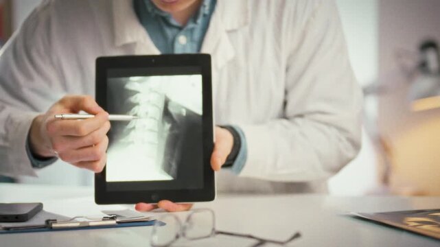 Modern touch tablet displays cervical spine X-ray images as young doctor conducts detailed consultation, guiding the patient through the findings and explaining the diagnosis in calm clinical setting