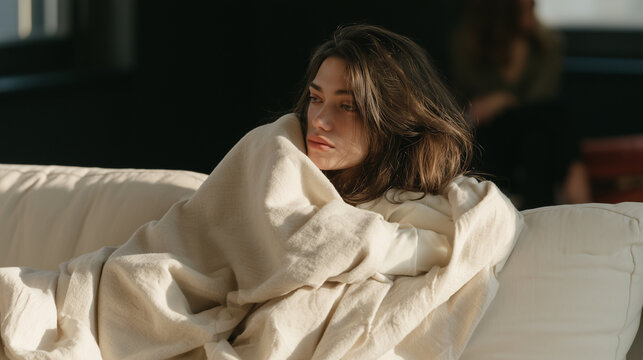 Young woman wrapped in a blanket on the sofa, looking emotionally exhausted, , young man crying, woman sitting in the dark room, burnout, photo style