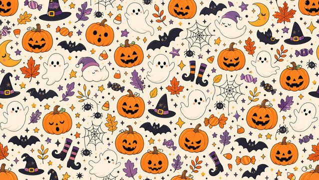 Halloween Pumpkin and Ghost Seamless Pattern, Cute Spooky All Over Background