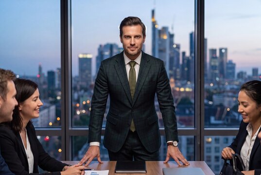 Confident corporate leader standing in boardroom with skyscraper view