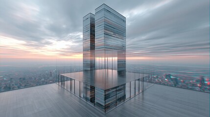 Fototapeta premium Modern Glass Skyscraper Reflecting Dusk Sky Over Urban Cityscape Rooftop View