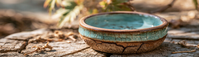 Naklejka premium Empty cracked ceramic bird bowl under sunlight in European park showing drought wildlife crisis and water shortage biodiversity impact