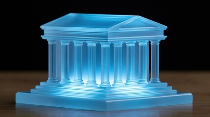 Fototapeta premium A translucent blue model of a classical temple building with columns glowing from within against a dark background.