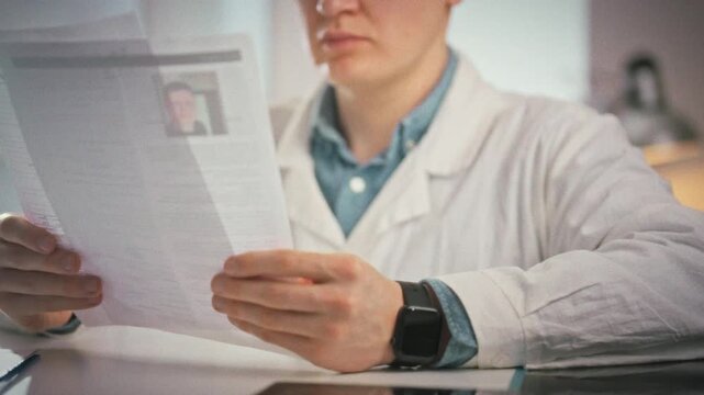Reviewing medical records, a specialist doctor sits in a bright, sterile office, holding the patient's insurance policy and carefully examining the documentation for thorough assessment