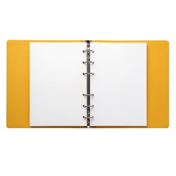Open yellow binder with blank white pages in studio lighting isolated on transparent background