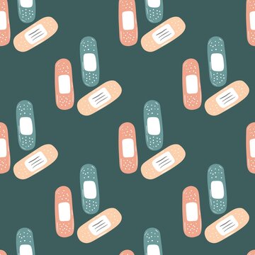 Seamless pattern with adhesive bandages and band-aids on a dark green background flat illustration