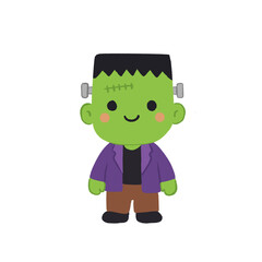 Hand drawn cute smiling Frankenstein monster clipart with purple jacket for Halloween decoration