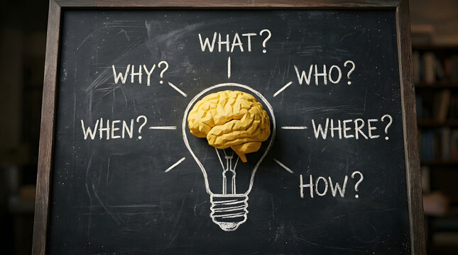 Creative brain lightbulb with fundamental question words on blackboard background with evoking curiosity problem solving how white chalk text
