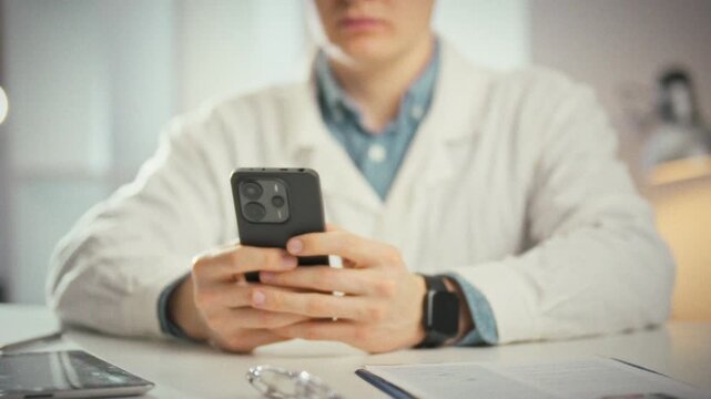 Smartphone in a physician's office glows as the young doctor sits, typing a text message. This moment underscores how modern medical practice relies on mobile technology for swift communication