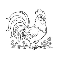 A cute cartoon rooster standing in a field of flowers black and white line art illustration for children coloring page © Hedayet Ullah