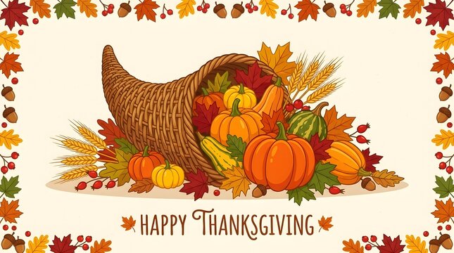 Thanksgiving cornucopia illustration with autumn harvest vegetables and fall leaves border