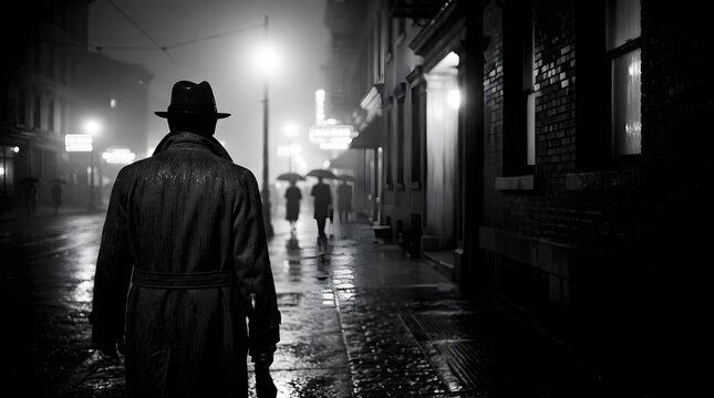 Mysterious figure in trench coat walking on rainy city street at night