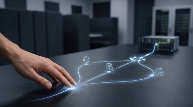 AI Agent Workforce Handover - A hand directs multiple AI agent workflows converging at a network hub, symbolizing increased demand in complex multi-agent AI systems.