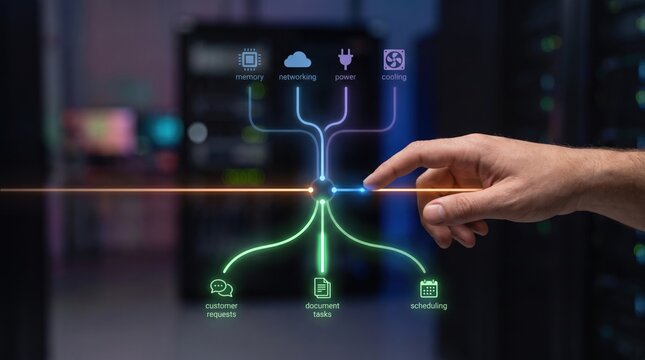 AI Agent Workforce Handover - A human hand dynamically manages AI agent infrastructure, allocating resources to optimize memory, networking, power, and cooling efficiency.