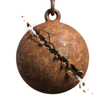 Rusty wrecking ball breaking apart with debris flying during a demolition isolated on transparent background