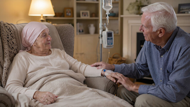 Emotional moment between elderly couple with woman receiving care during treatment, showcasing connection and support. Elderly care scene emphasizes importance of companionship in difficult times,