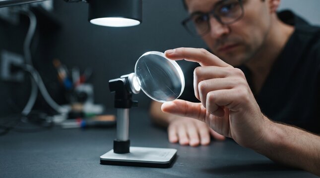 Optician inspecting lens edge under a focused task light
