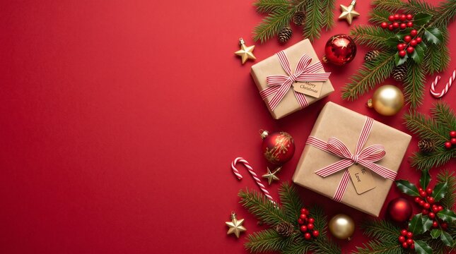 Christmas gift boxes with festive ornaments and pine branches on a solid red background with copy space