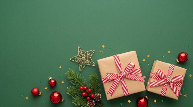 Two christmas gift boxes wrapped in brown paper with red and white ribbons on a green background