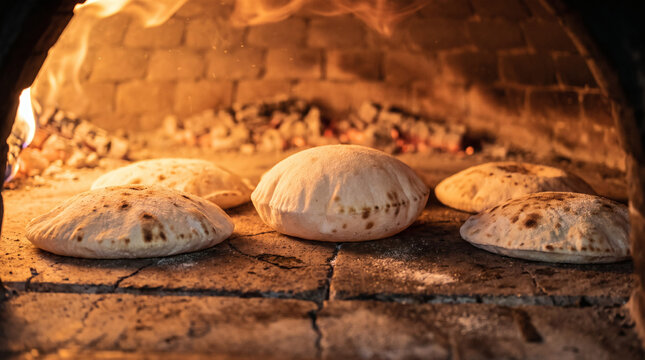 Fresh pita breads baking and puffing inside traditional stone brick oven with burning wood embers and glowing fire heat in artisanal bakery