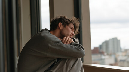Obraz premium Young man sitting alone on a balcony during an overcast day, lost in thought, , young man crying, woman sitting in the dark room, burnout, photo style