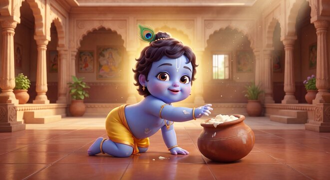Little Lord Krishna with the Clay Butter Pot. 