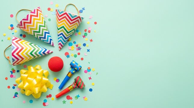 Colorful party hats confetti and decorations on a light teal background