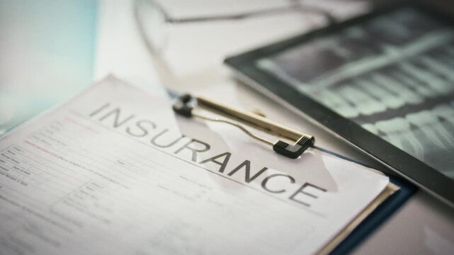 A dentist's hands rest on a table, reviewing a policy form to verify coverage for dental treatment. The scene highlights medical insurance in dentistry, ensuring patients receive protection