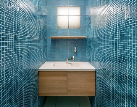 minimalist light blue tile wall with horizontal accent shelf and light