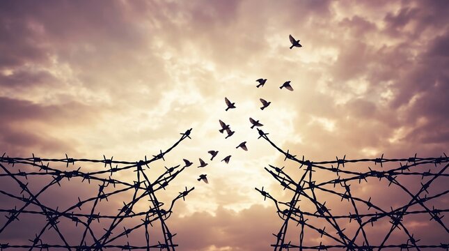 Freedom, hope, escape concept with birds flying above barbed wire fence at sunset.