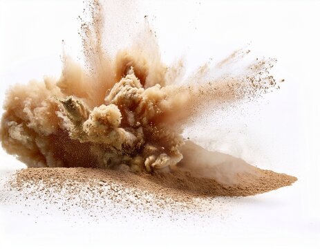 dry earth explosion isolated on white background smoke bind with sand