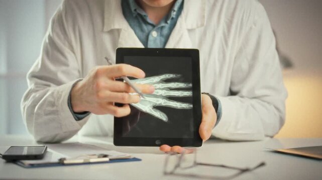 A doctor conducts a consultation in a clinic, holding a sleek touchscreen tablet that displays a patient's X-ray. He points to the highlighted fracture zones, explaining the diagnosis and next steps