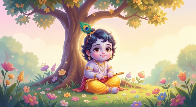 Cute Little Krishna Sitting Under the Tree. Happy Janmashtami