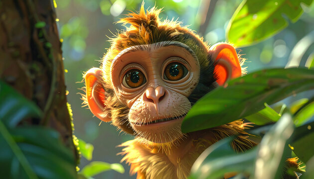 Cute Baby Monkey Peeking Through Leaves