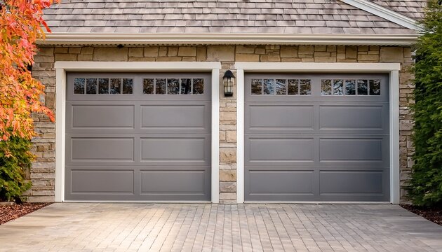 a home s exterior showcasing gray double garage doors and a stone wall with plenty of copy space for images
