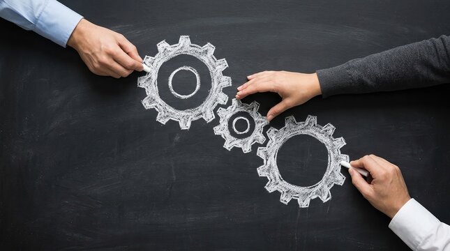 Teamwork, business process, collaboration concept with hands connecting puzzle pieces beside chalk gear icons.