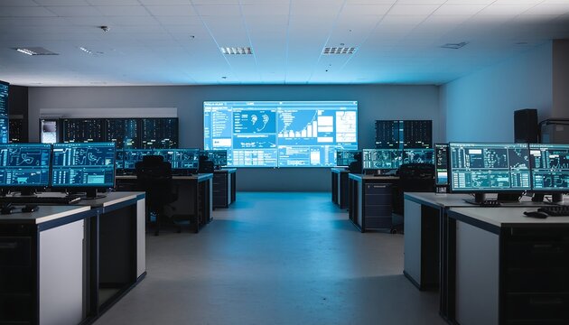 Modern Control Room with Multiple Monitors and Blue Lighting