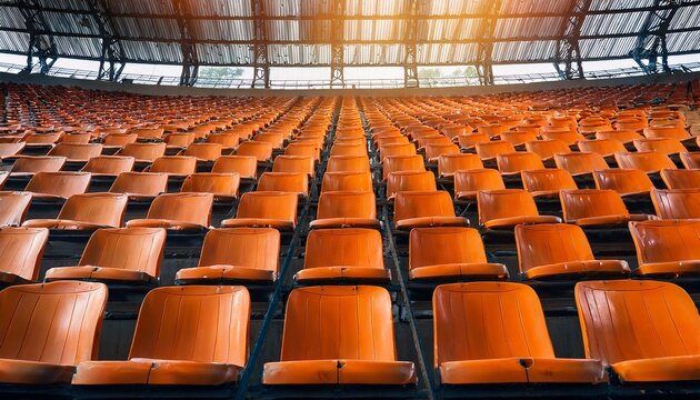 rows of empty orange stadium seats and bleachers in a large arena