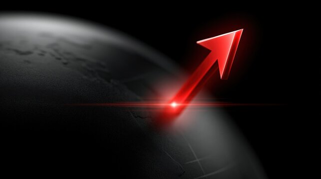 A glowing red arrow pointing upwards over a dark globe representing growth, finance, and global success.