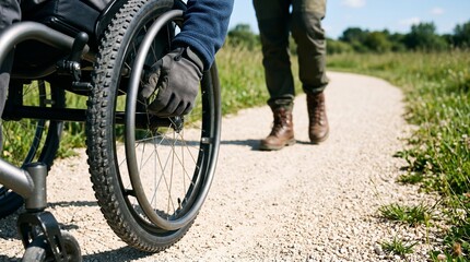 Obraz premium Wheelchair wheels cross a carefully maintained gravel trail