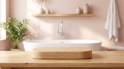 Fototapeta premium Empty Wooden Podium on Table in Modern Pink Bathroom Interior for Cosmetic Product Display Mockup and Backdrop