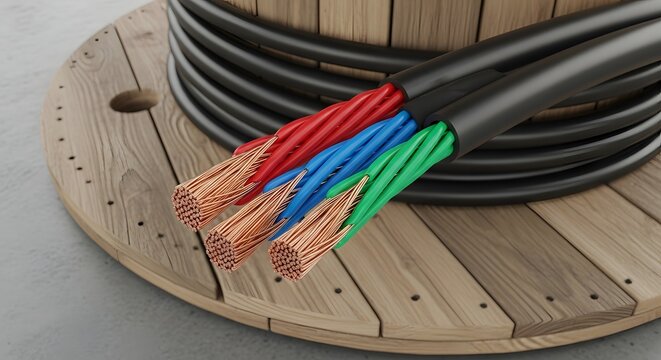 Close up of electrical cable and copper wires on wooden spool