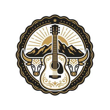 Acoustic guitar emblem with cows and mountain scenery.
