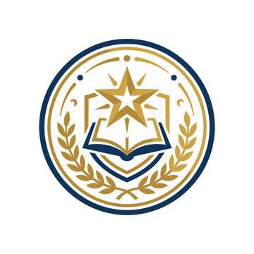 Academic shield emblem with book and laurel wreath.