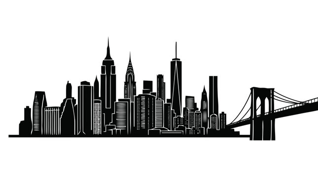 Vector illustration of new york city skyline silhouette with brooklyn bridge on a transparent background